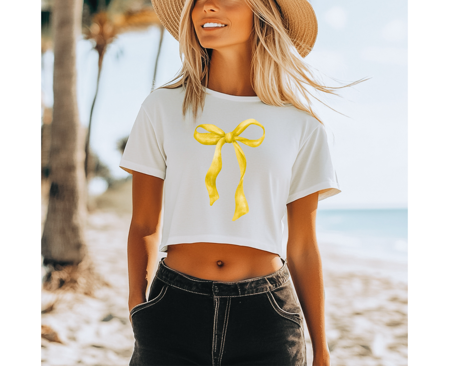 Customizable: Yellow Coquette Bow Cropped T-Shirt