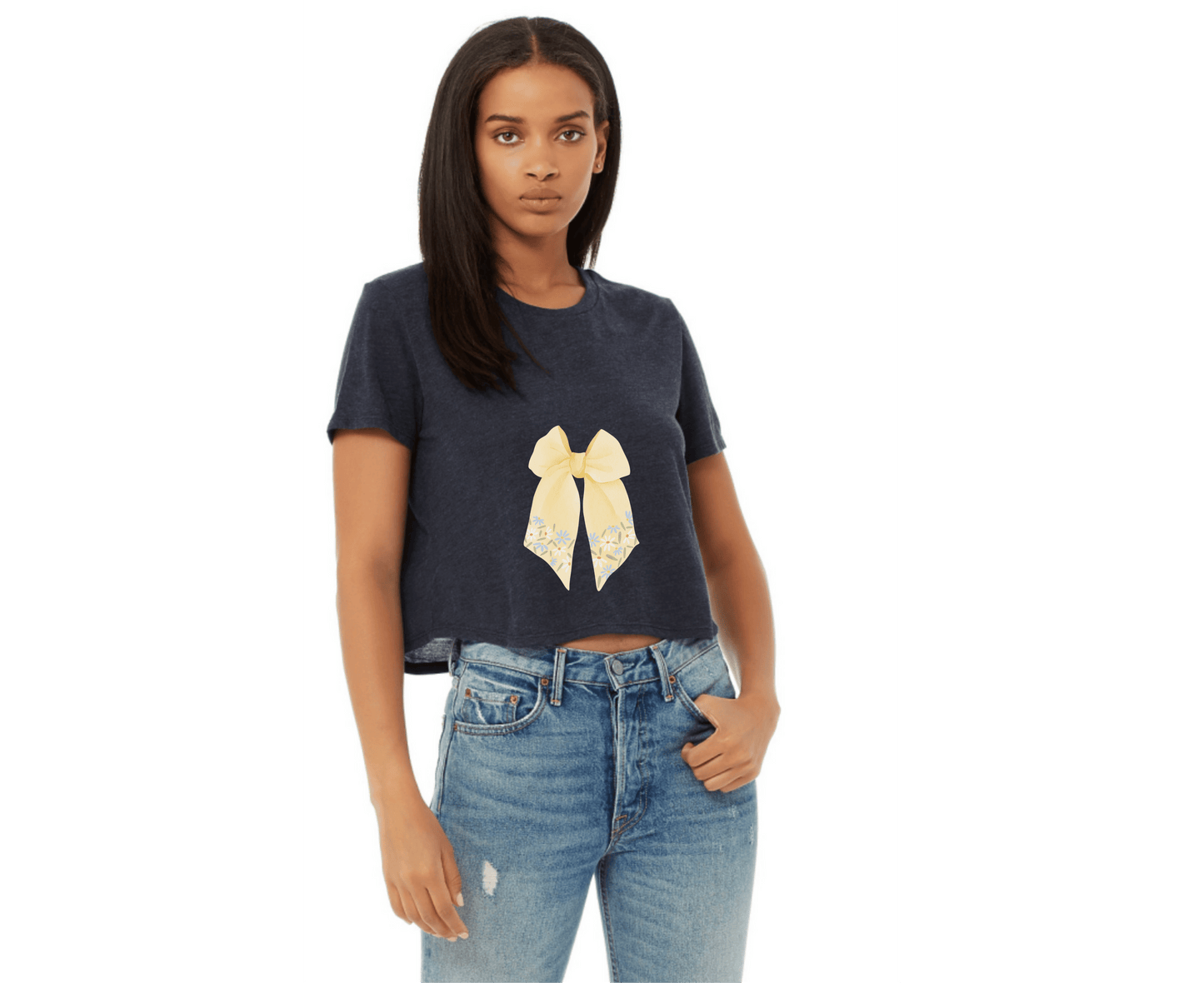 Customizable: Butter Yellow Floral Bow Cropped Tee