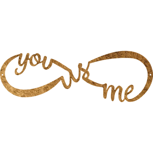 Decorative metal wall art with 'you + me' text on a white background
