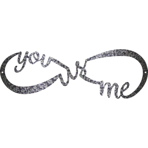 Decorative metal wall art with 'you + me' text on a white background