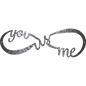Decorative metal wall art with 'you + me' text on a white background