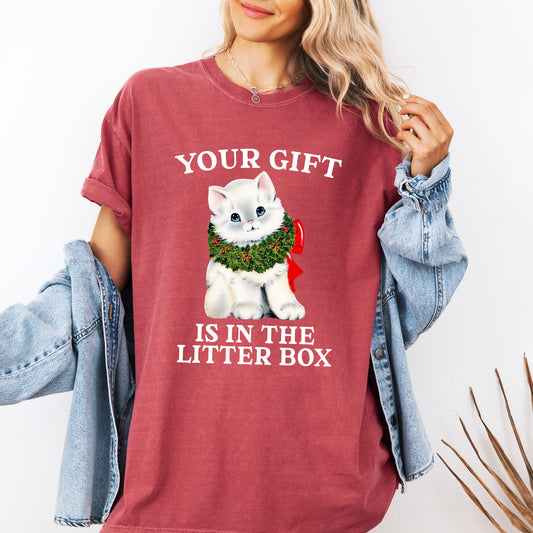 Your Gift Is In The Litter Box, Cat, Christmas, Naughty, Funny, Snow, Santa, Xmas Tshirt Comfort Colors T-Shirt