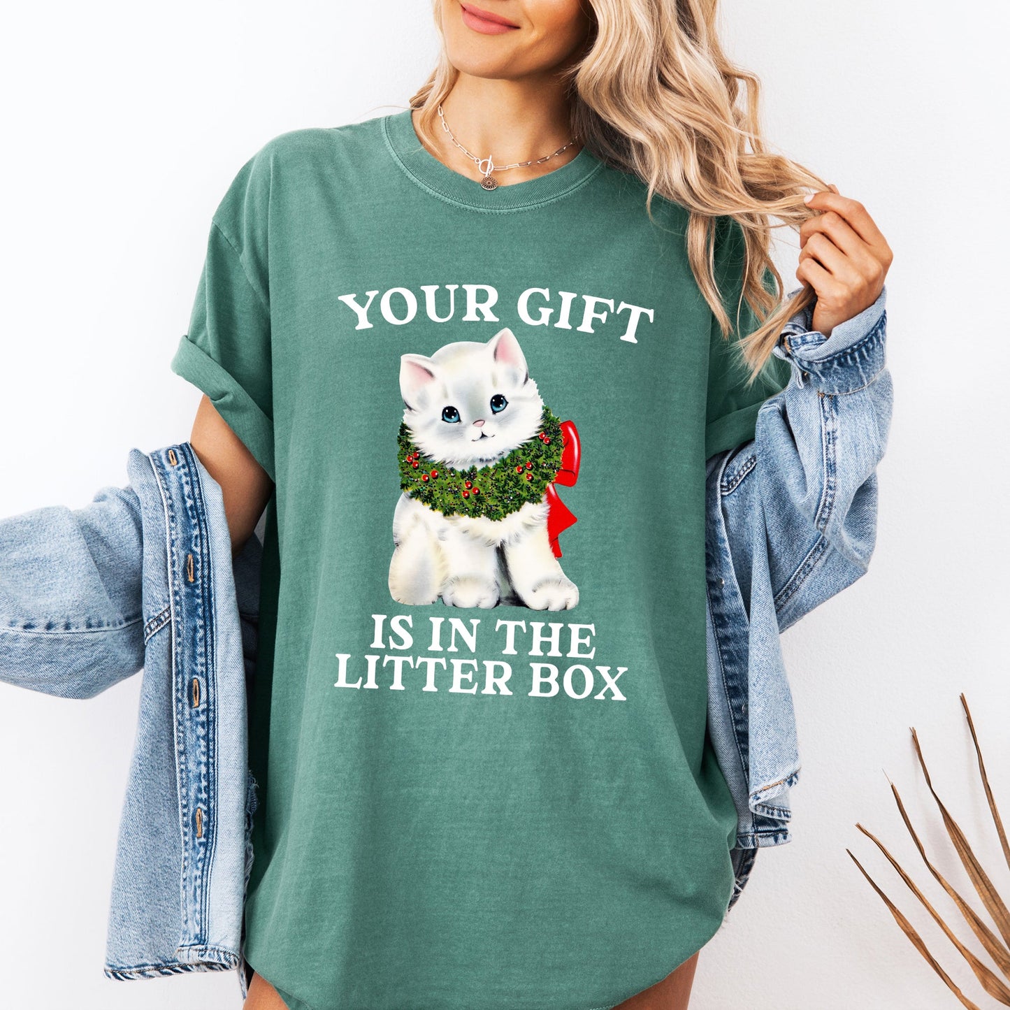Your Gift Is In The Litter Box, Cat, Christmas, Naughty, Funny, Snow, Santa, Xmas Tshirt Comfort Colors T-Shirt
