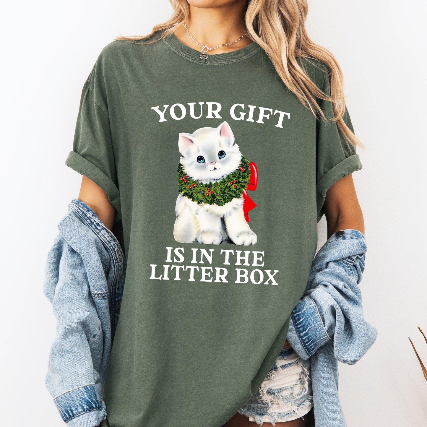 Your Gift Is In The Litter Box, Cat, Christmas, Naughty, Funny, Snow, Santa, Xmas Tshirt Comfort Colors T-Shirt