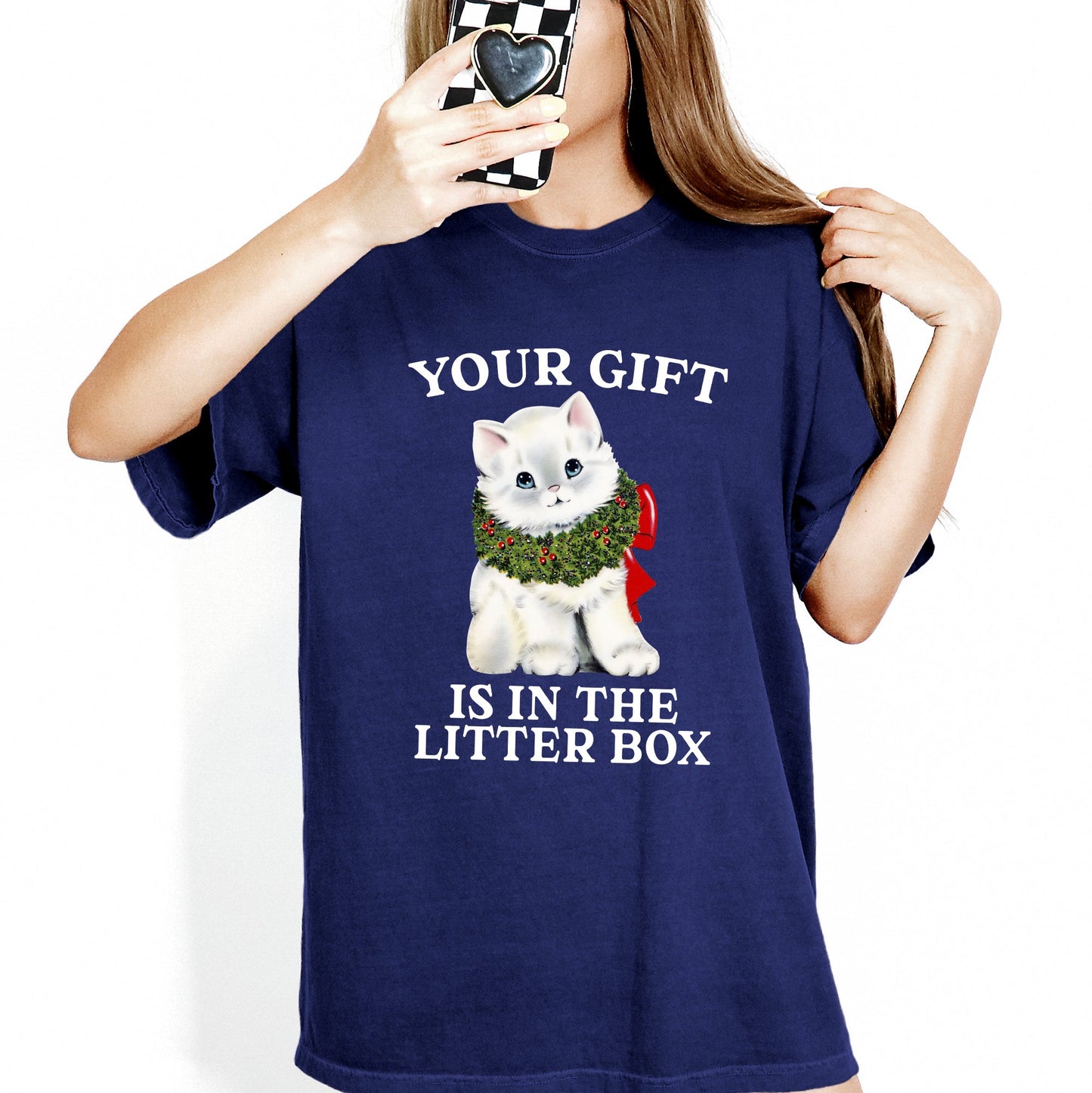 Your Gift Is In The Litter Box, Cat, Christmas, Naughty, Funny, Snow, Santa, Xmas Tshirt Comfort Colors T-Shirt