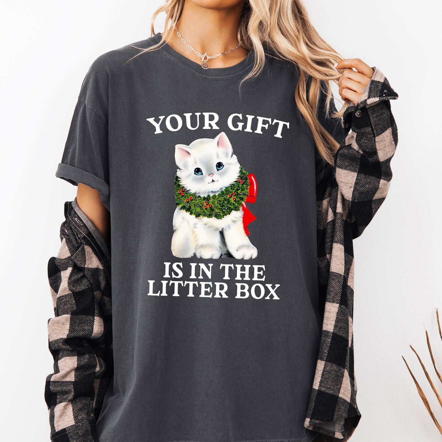 Your Gift Is In The Litter Box, Cat, Christmas, Naughty, Funny, Snow, Santa, Xmas Tshirt Comfort Colors T-Shirt