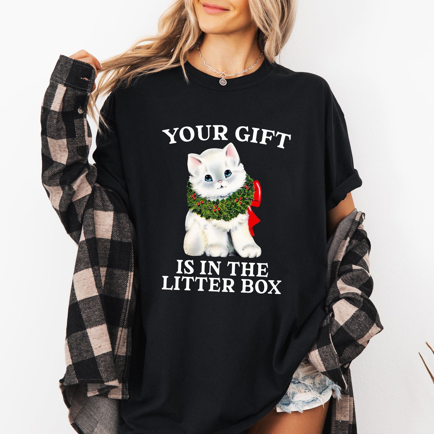 Your Gift Is In The Litter Box, Cat, Christmas, Naughty, Funny, Snow, Santa, Xmas Tshirt Comfort Colors T-Shirt