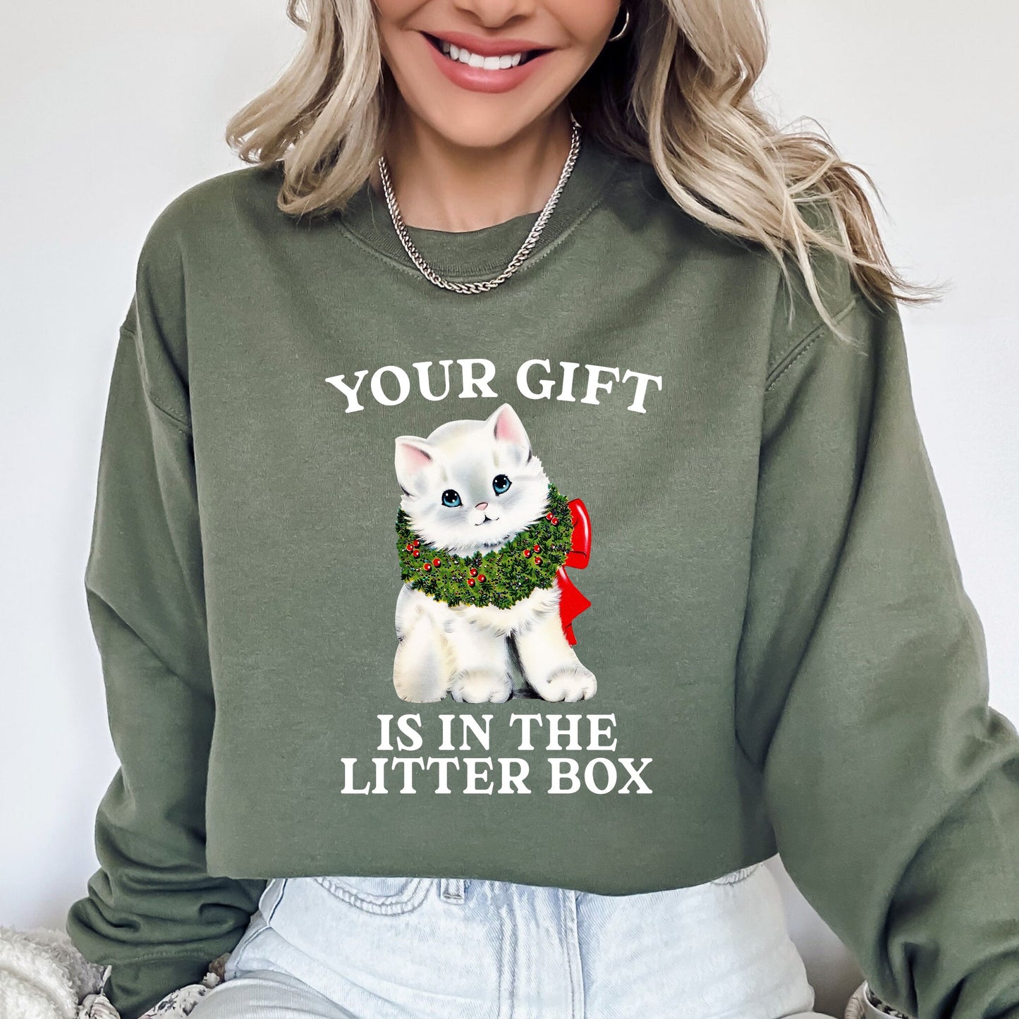 Your Gift Is In The Litter Box, Cat, Christmas, Naughty, Funny, Snow, Santa, Xmas Sweatshirt