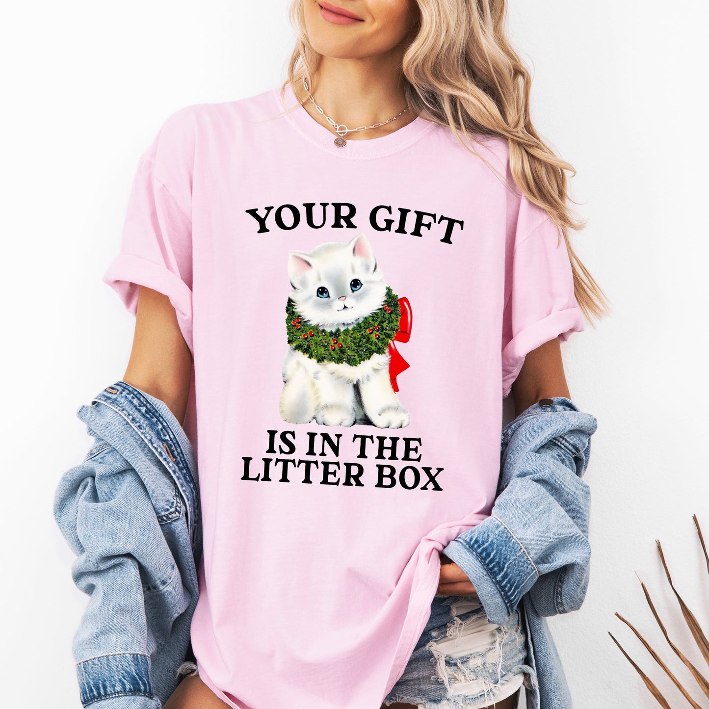Your Gift Is In The Litter Box, Cat, Christmas, Naughty, Funny, Snow, Santa, Xmas Tshirt Comfort Colors T-Shirt