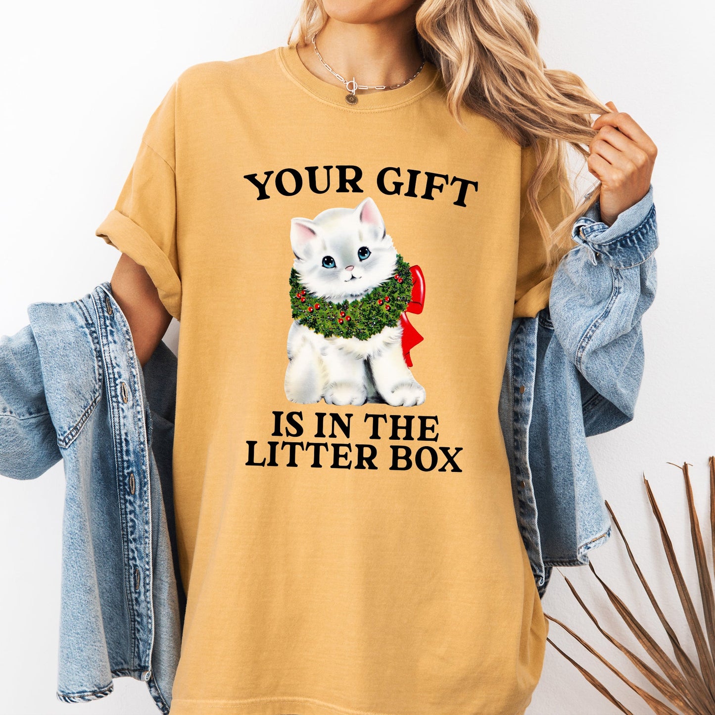 Your Gift Is In The Litter Box, Cat, Christmas, Naughty, Funny, Snow, Santa, Xmas Tshirt Comfort Colors T-Shirt