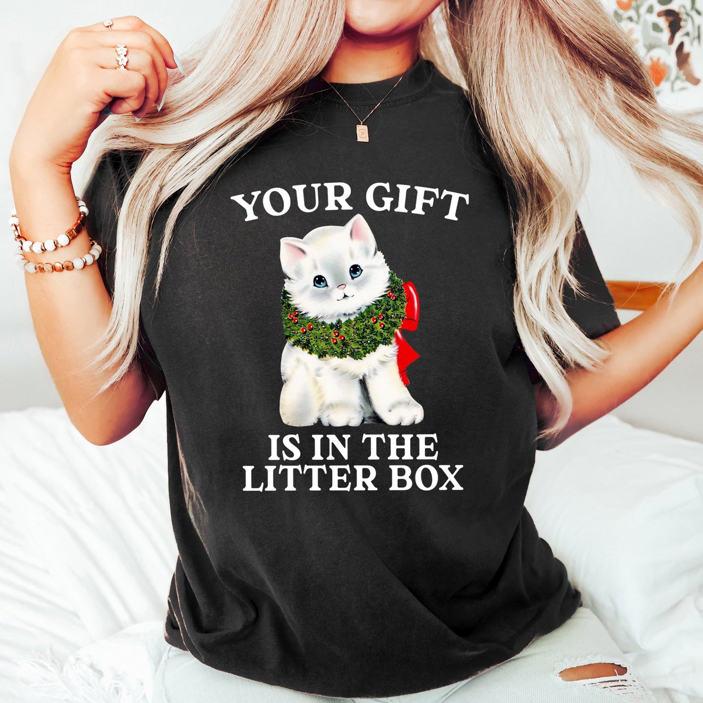 Your Gift Is In The Litter Box, Cat, Funny, Christmas, Naughty, Comfort Colors Tshirt