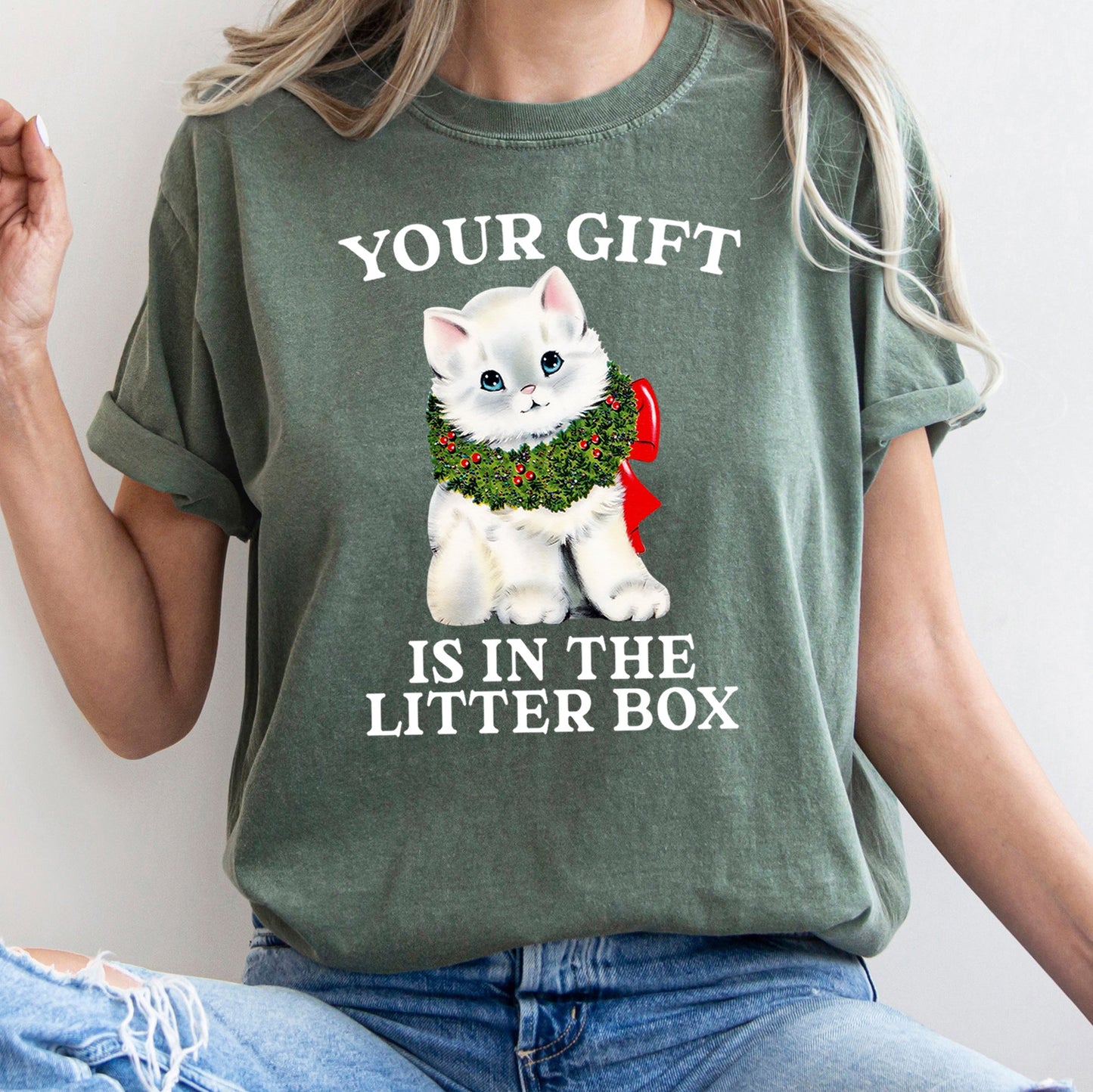 Your Gift Is In The Litter Box, Cat, Funny, Christmas, Naughty, Comfort Colors Tshirt