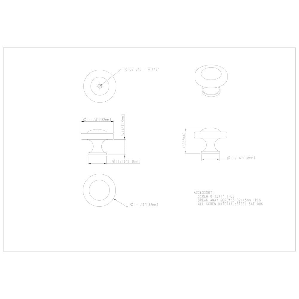 1-1/4" Diameter Satin Nickel Cordova Cabinet Knob