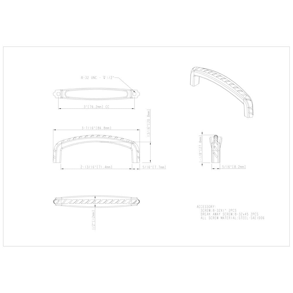 3" Center-to-Center Satin Nickel Rope Detailed Cypress Cabinet Pull