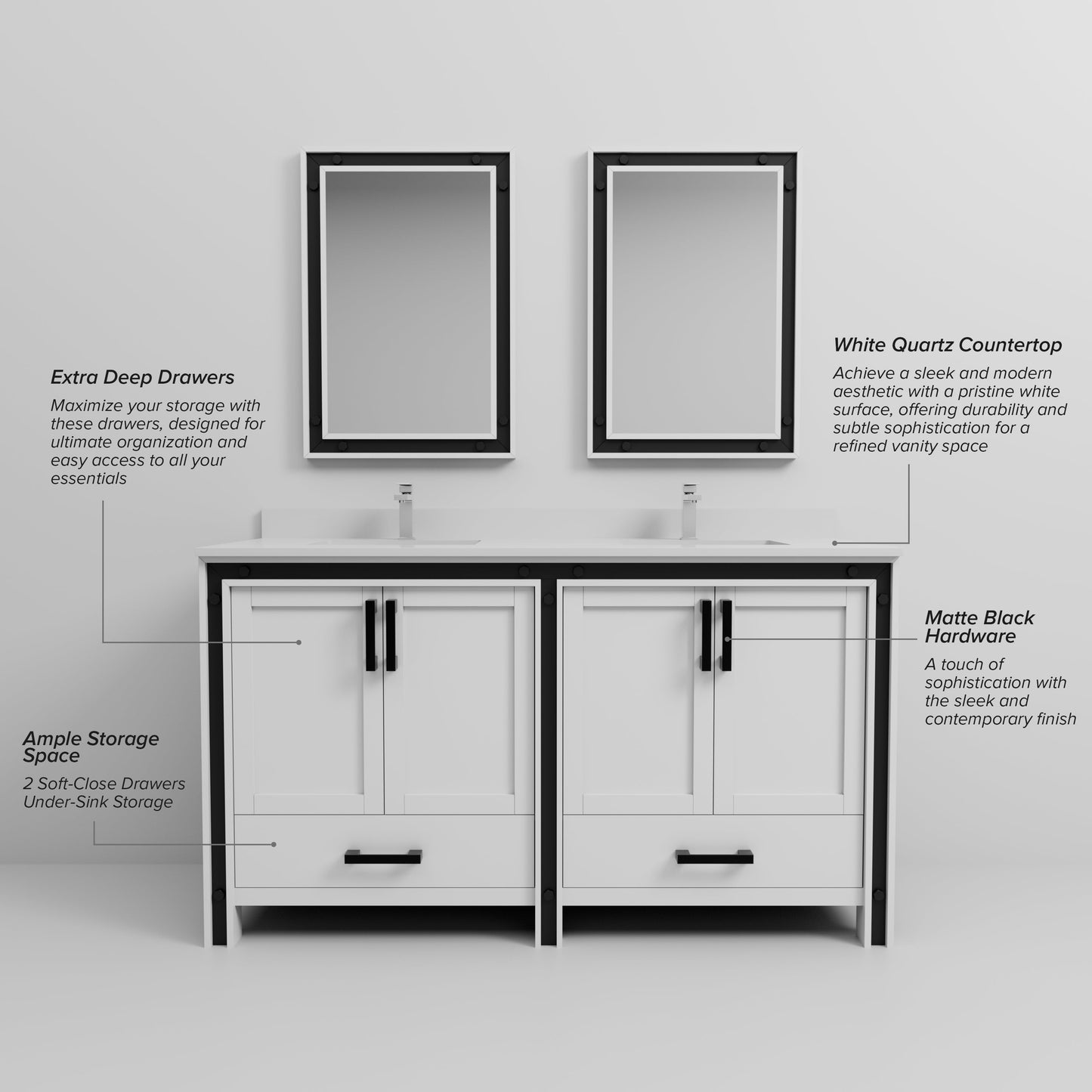 Ziva 60 in W x 22 in D White Double Bath Vanity