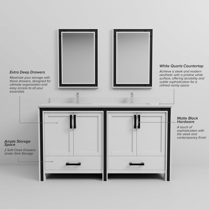 Ziva 60 in W x 22 in D White Double Bath Vanity