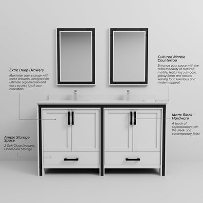 Ziva 60 in W x 22 in D White Double Bath Vanity