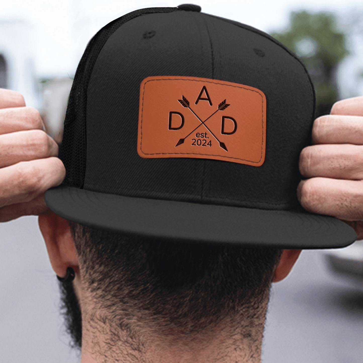 Dad Established Custom Year Trucker Hat - Personalized Engraved Leather Patch Hat/Cap - Father's Day Gift for Him, Husband, Daddy