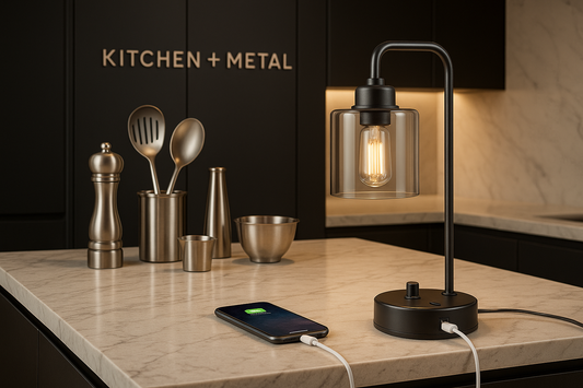 A modern kitchen scene featuring a stylish island with marble countertop displaying premium stainless steel kitchen tools and a sleek USB charging lamp, all embodying the Kitchen + Metal brand's blend of functionality and luxury