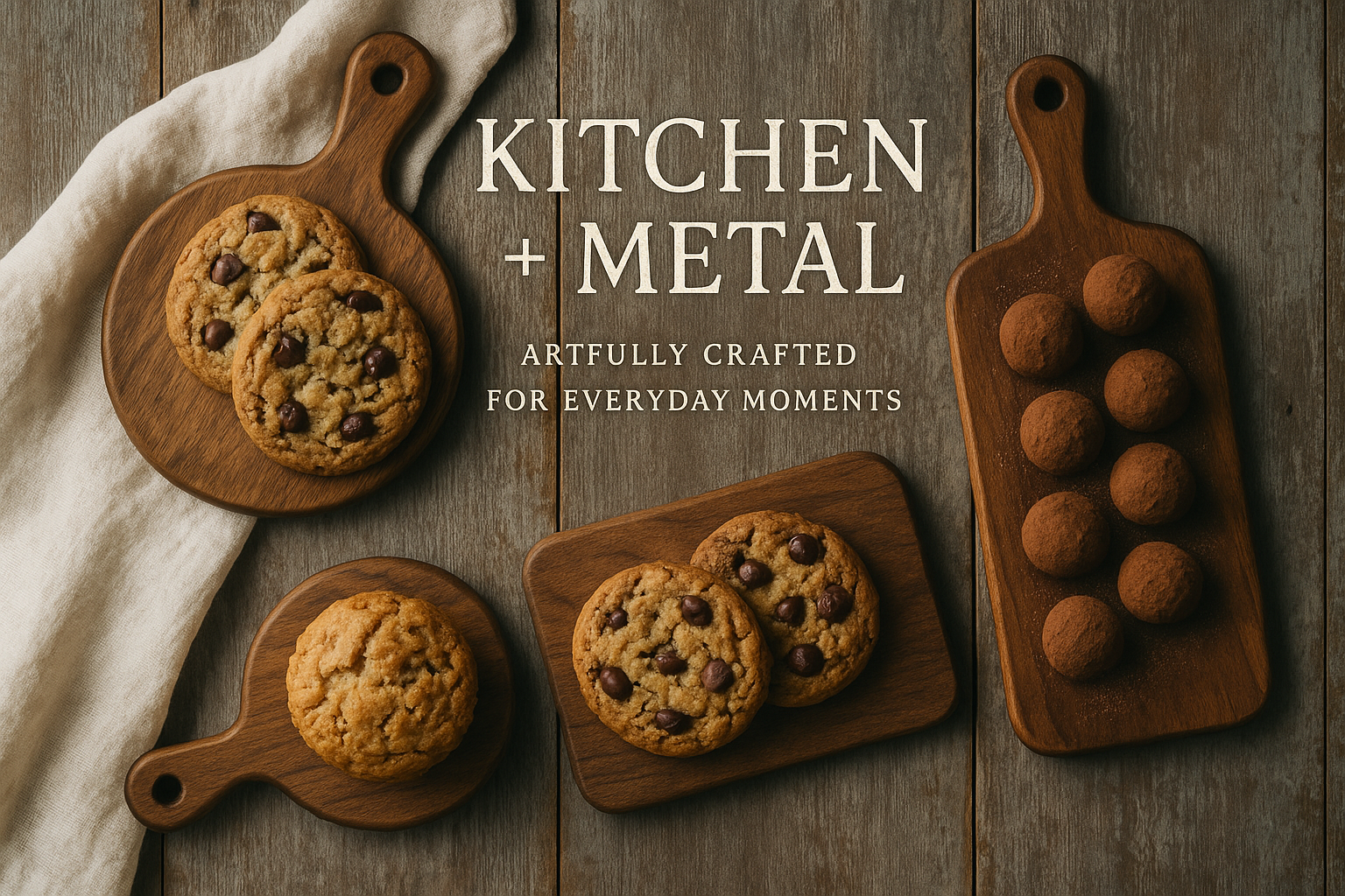 A rustic-elegant marketing image featuring wooden serving boards with artfully arranged baked goods and chocolate truffles on weathered wood planks with a white linen napkin. The Kitchen + Metal logo appears in a rustic yet refined font, with the tagline "Artfully Crafted for Everyday Moments". The image has a warm, inviting atmosphere with natural lighting that enhances the textures of the wood and food items, creating an artisanal, elevated aesthetic.