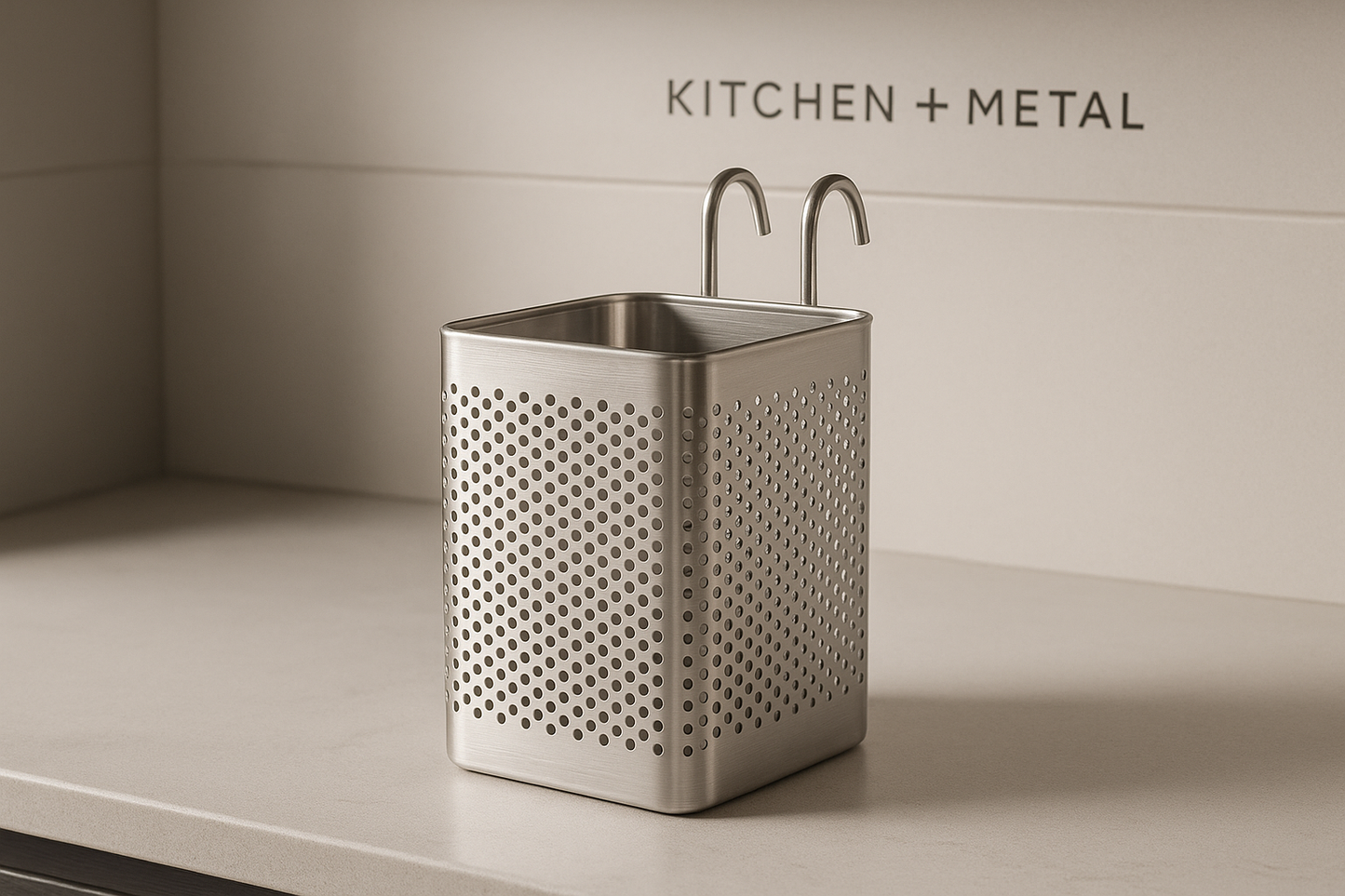 A sleek stainless steel kitchen utensil holder with a perforated design displayed on a modern kitchen countertop, embodying the premium Kitchen + Metal aesthetic