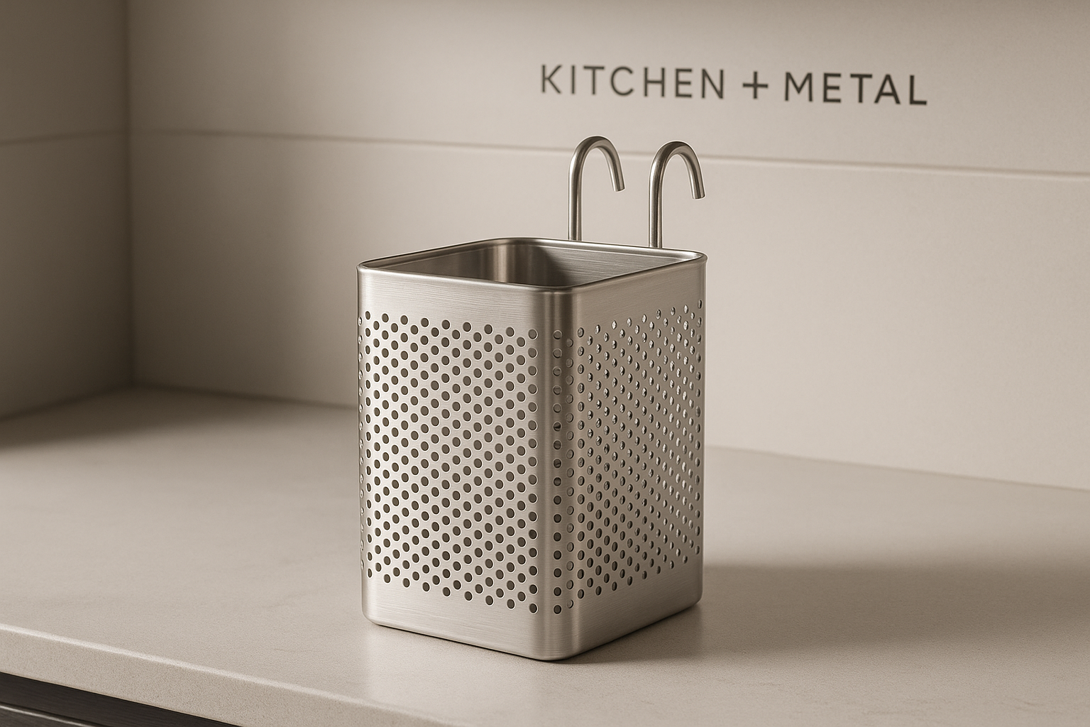 A sleek stainless steel kitchen utensil holder with a perforated design displayed on a modern kitchen countertop, embodying the premium Kitchen + Metal aesthetic