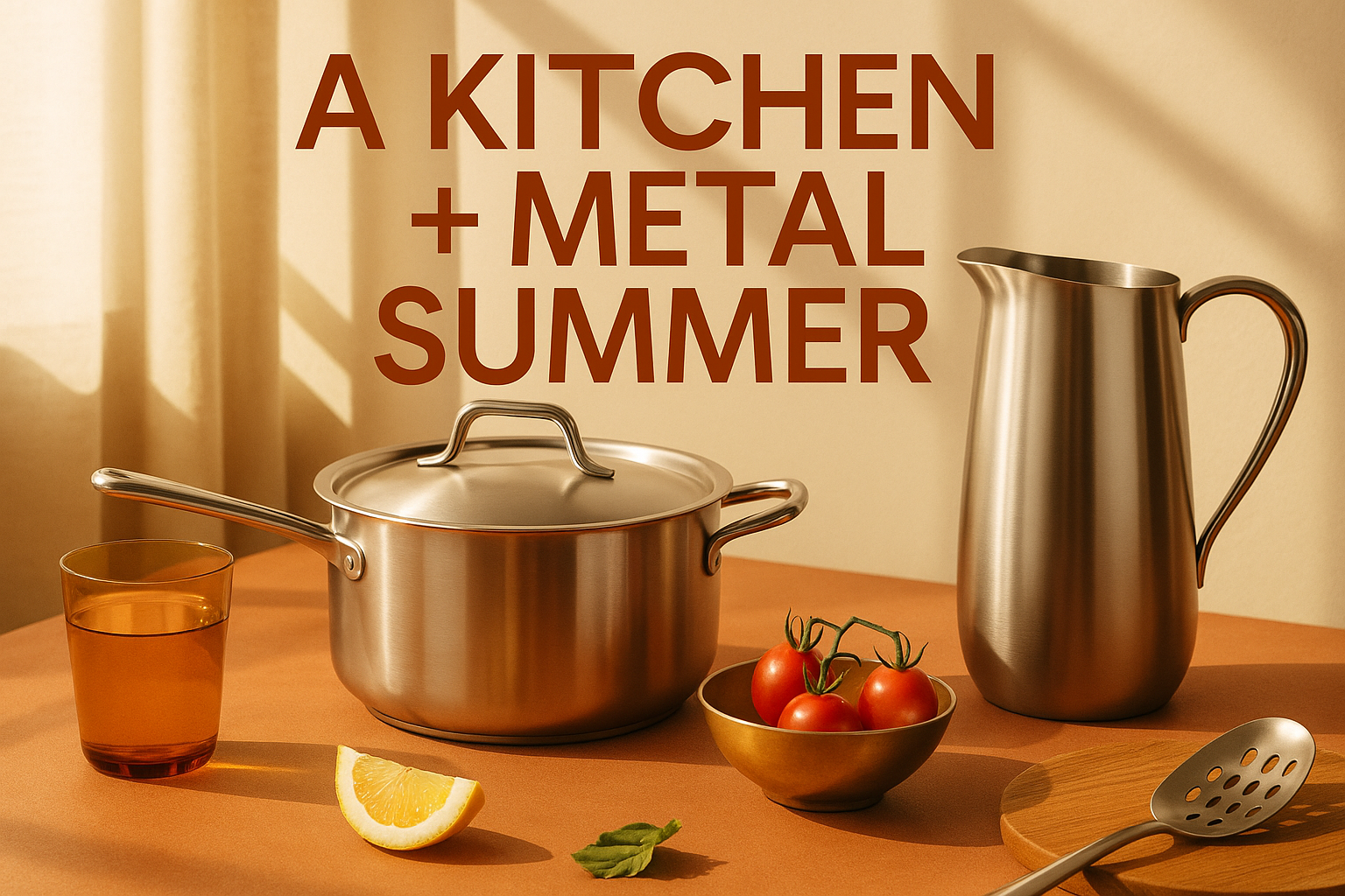 A stylish promotional image featuring kitchen and metal goods with the text "A Kitchen + Metal Summer" prominently displayed in a bold, contemporary font against a background with warm summer tones and stainless steel accents