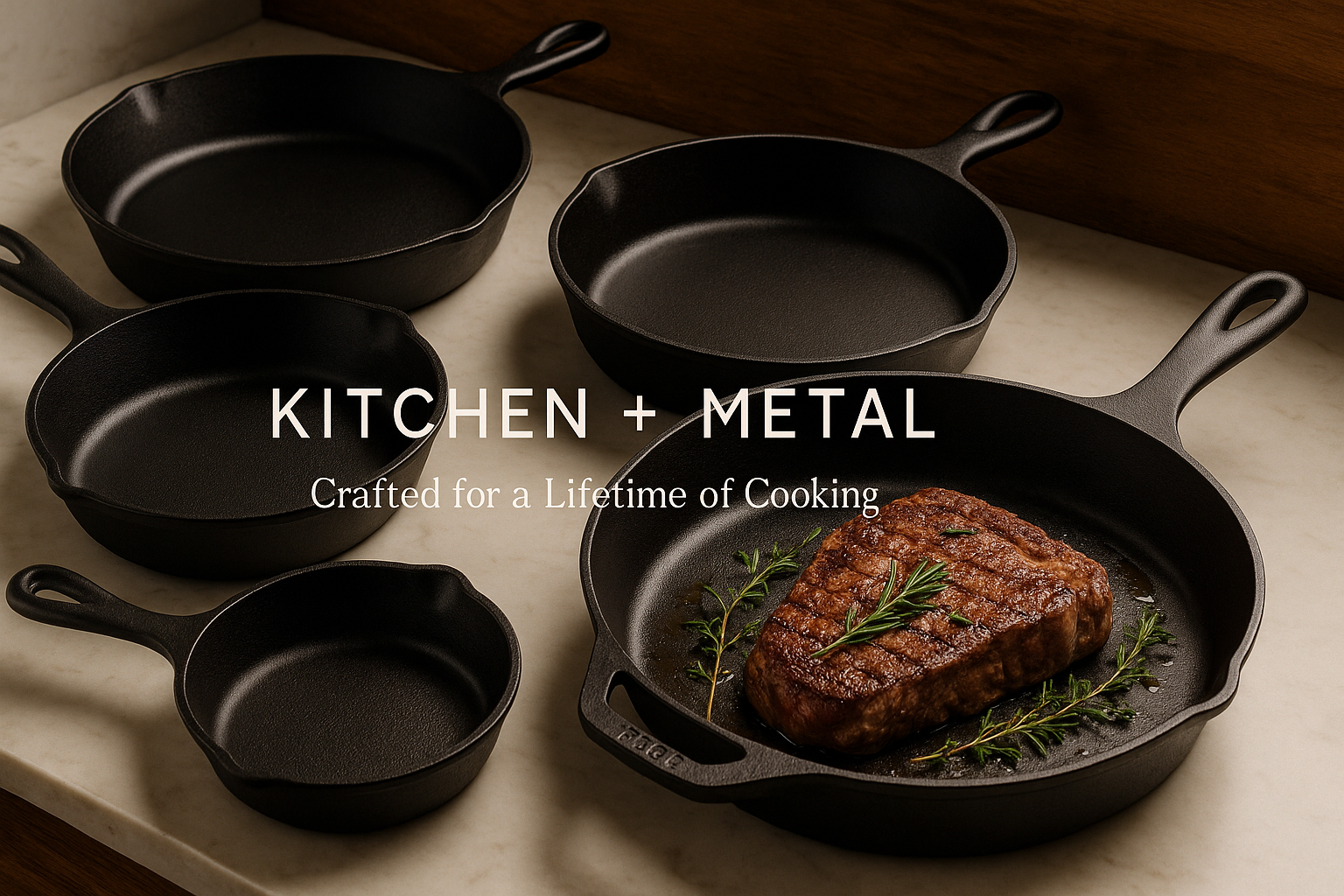 A wide banner showing cast iron skillets of various sizes on a kitchen counter with one containing a seared steak, with space for "KITCHEN + METAL" branding and "Crafted for a Lifetime of Cooking" tagline
