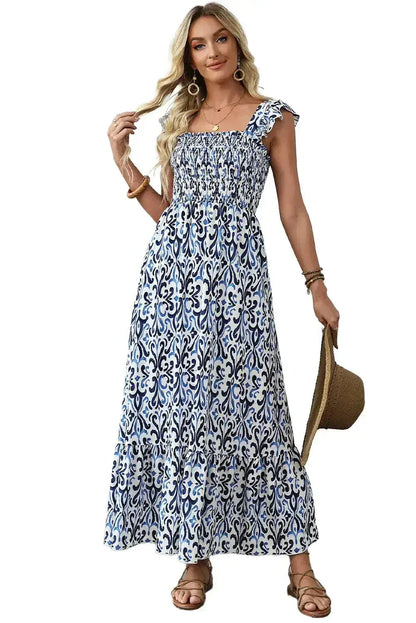 Sky Blue Boho Print Smocked High Waist Maxi Dress