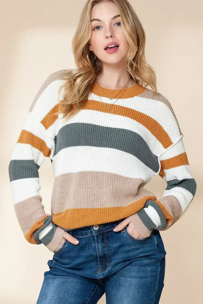 Camel Ribbed Round Neck Color Block Knitted Sweater