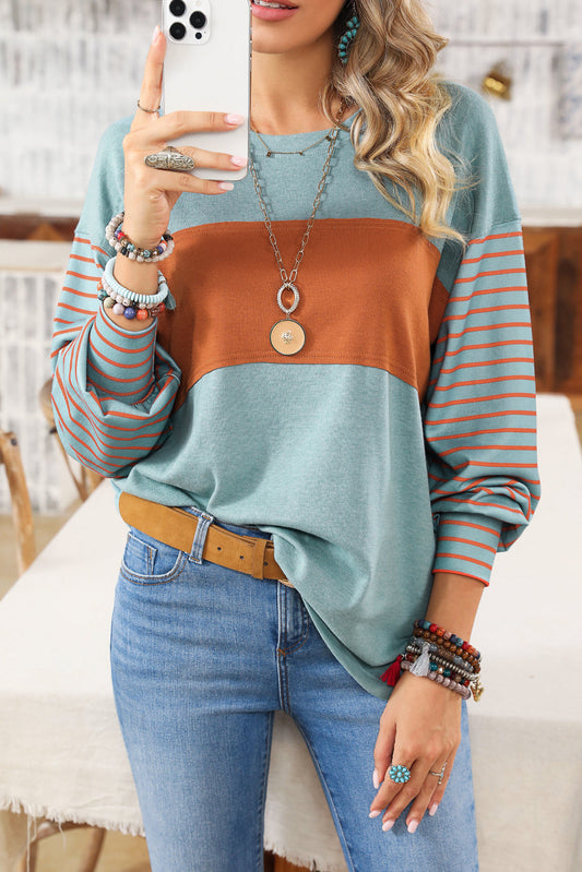 Green Color block Striped Women's Top with Bishop Sleeves and Side Slits