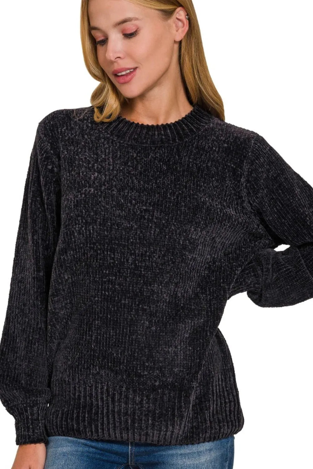 Zenana Round Neck Balloon Sleeve Chenille Sweater in Black