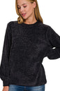 Zenana Round Neck Balloon Sleeve Chenille Sweater in Black