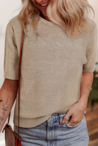 Beige Shiny Plain Short Sleeve Knit Top