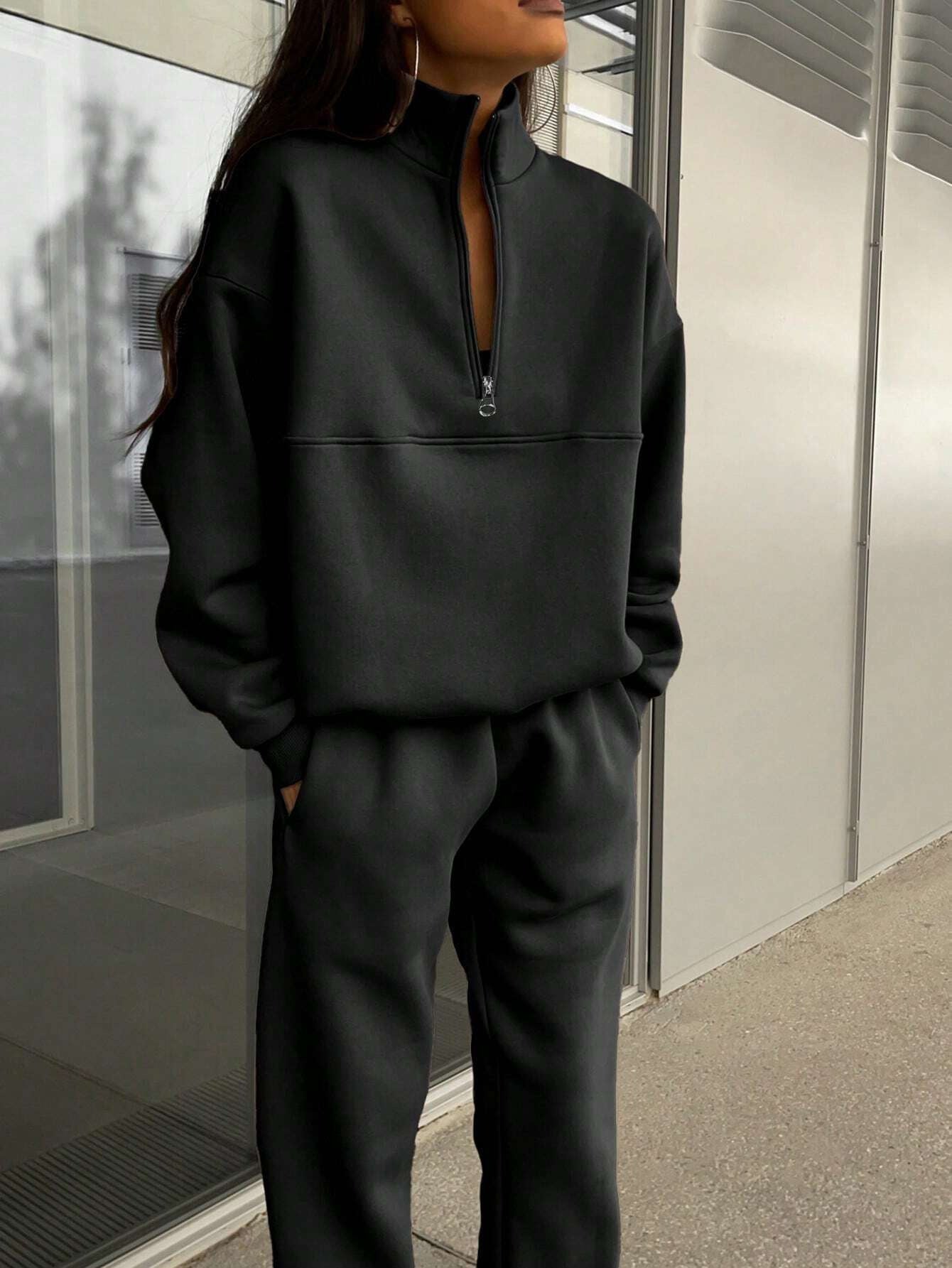 Long-sleeved Sports Sweatsuit Stand-up Collar Zip-up Top And Elastic Band Trousers With Pocket