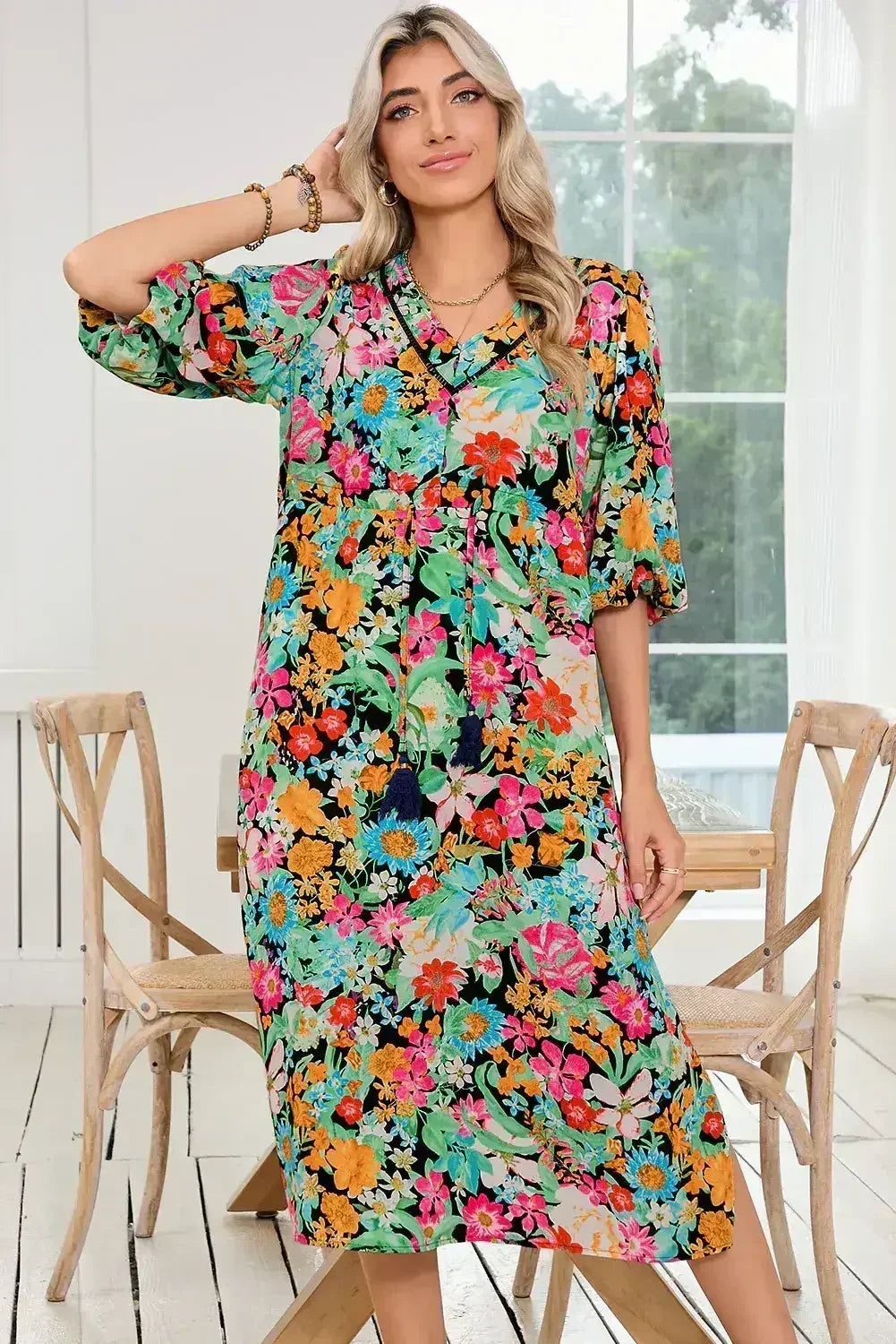 Green Boho Floral Puff Sleeve V Neck Tassel Drawstring Midi Dress