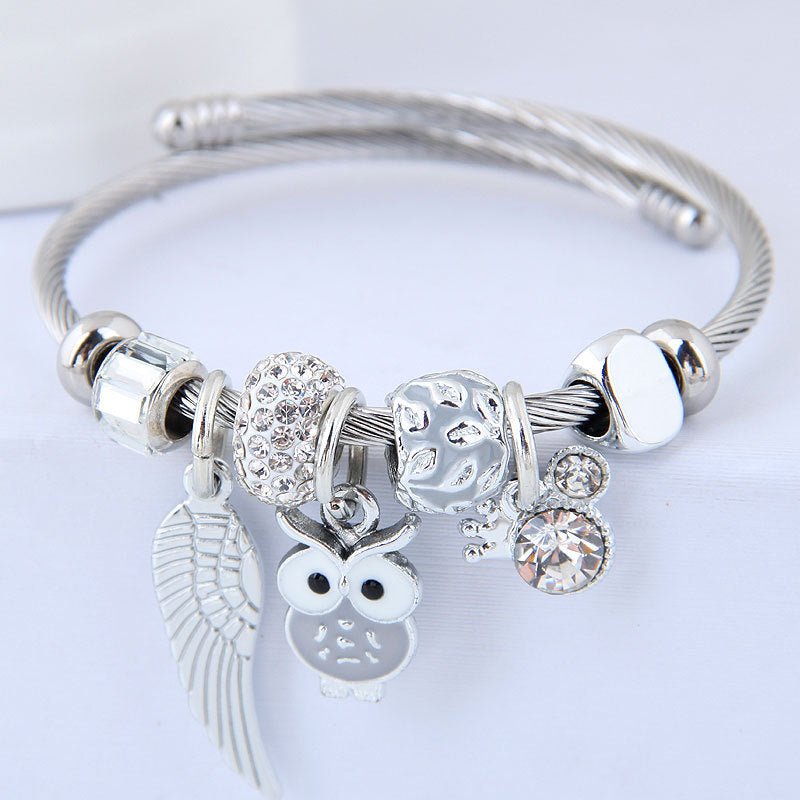 Beaded Owl Bracelet with Angel Wings - Stainless Steel Charm Bracelet