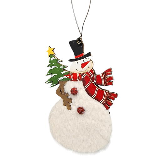 Wood and Fur Snowman Ornament - Tophat with Tree