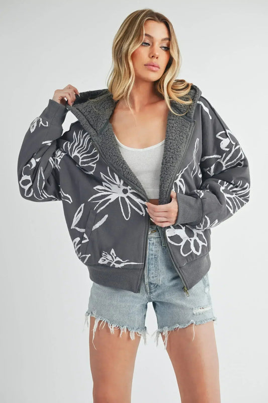 Aemi + Co Flower Print Zip Up Sherpa Hoodie