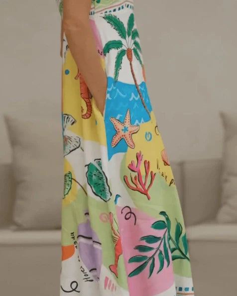 Tropical Multicolor Print Spaghetti Strap Maxi Dress with Pockets
