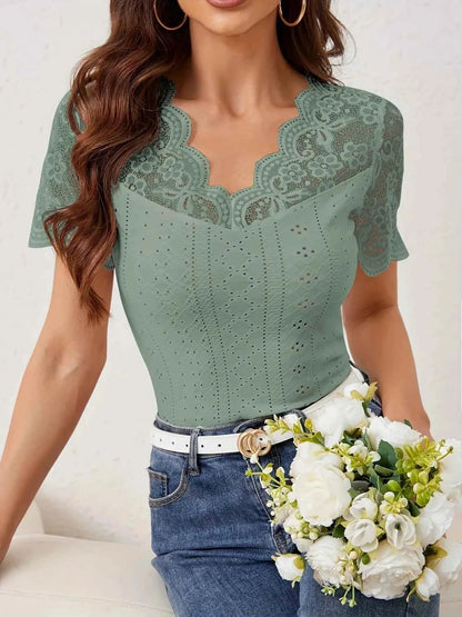 Lace Trim Eyelet Embroidered Summer T Shirt