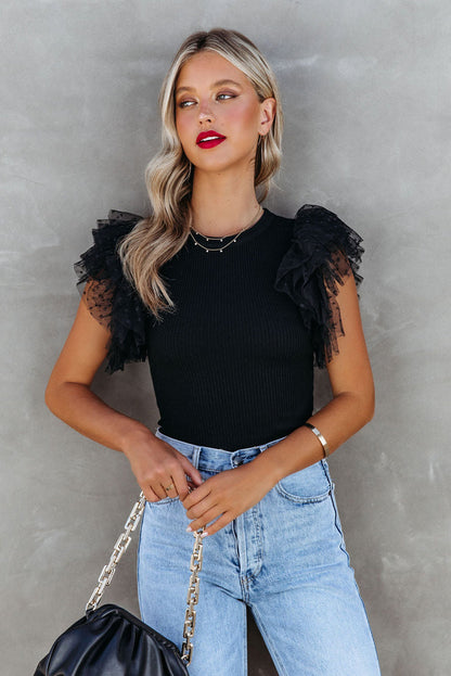 Pink Ruffle Knit Blouse - Casual Dotty Layered Ruffle Ribbed Knit Women's Top