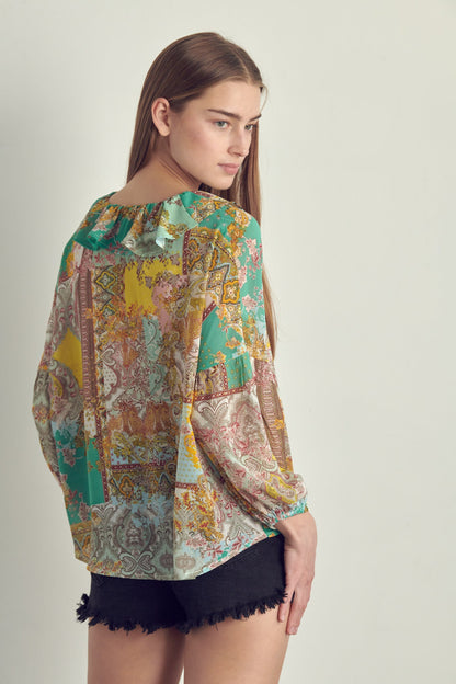 Ruffled V-Neck Patchwork Blouse | Apparel | Kitchen + Metal