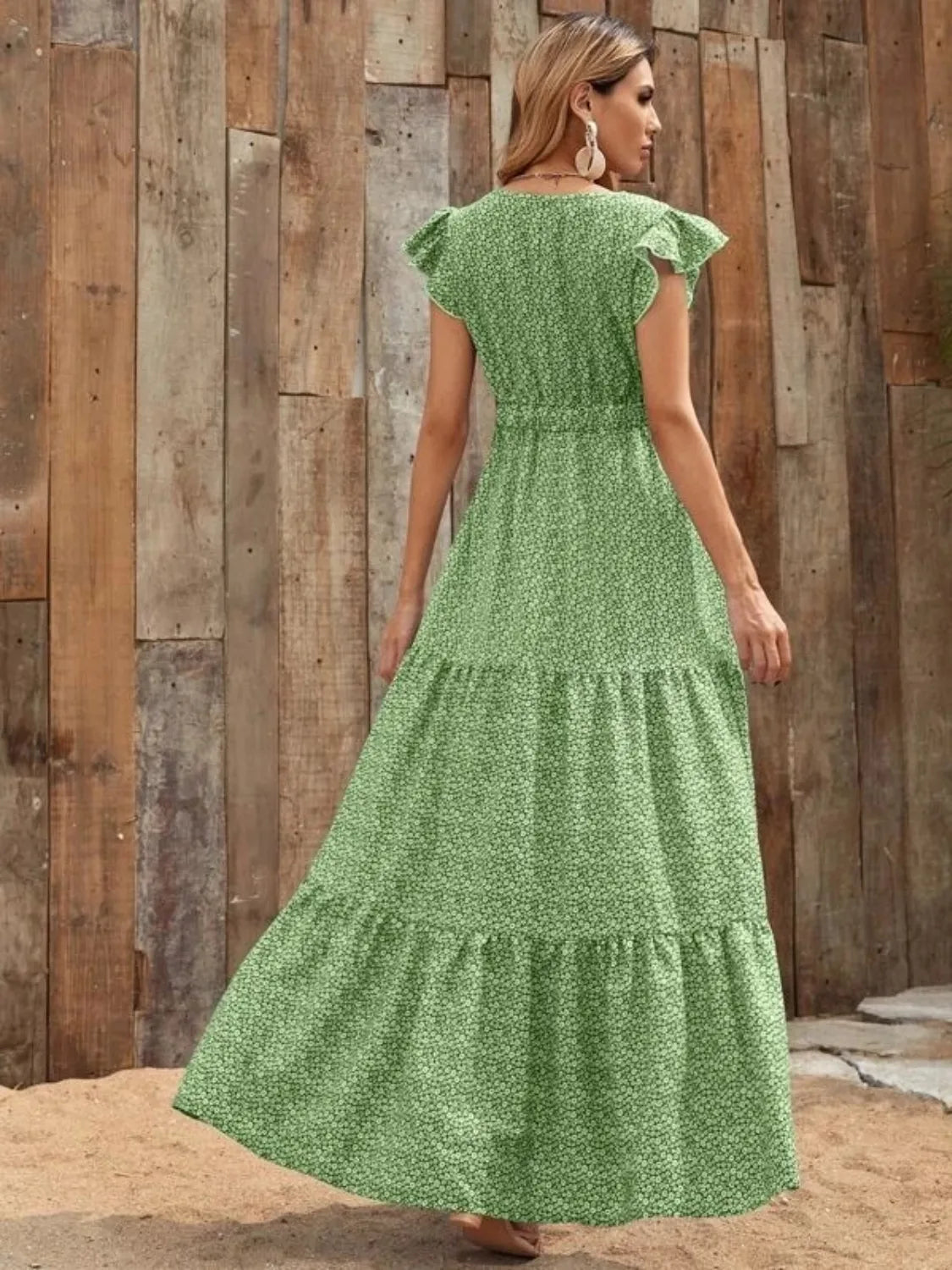 Printed V-Neck Maxi Dress with Ruffle Sleeves