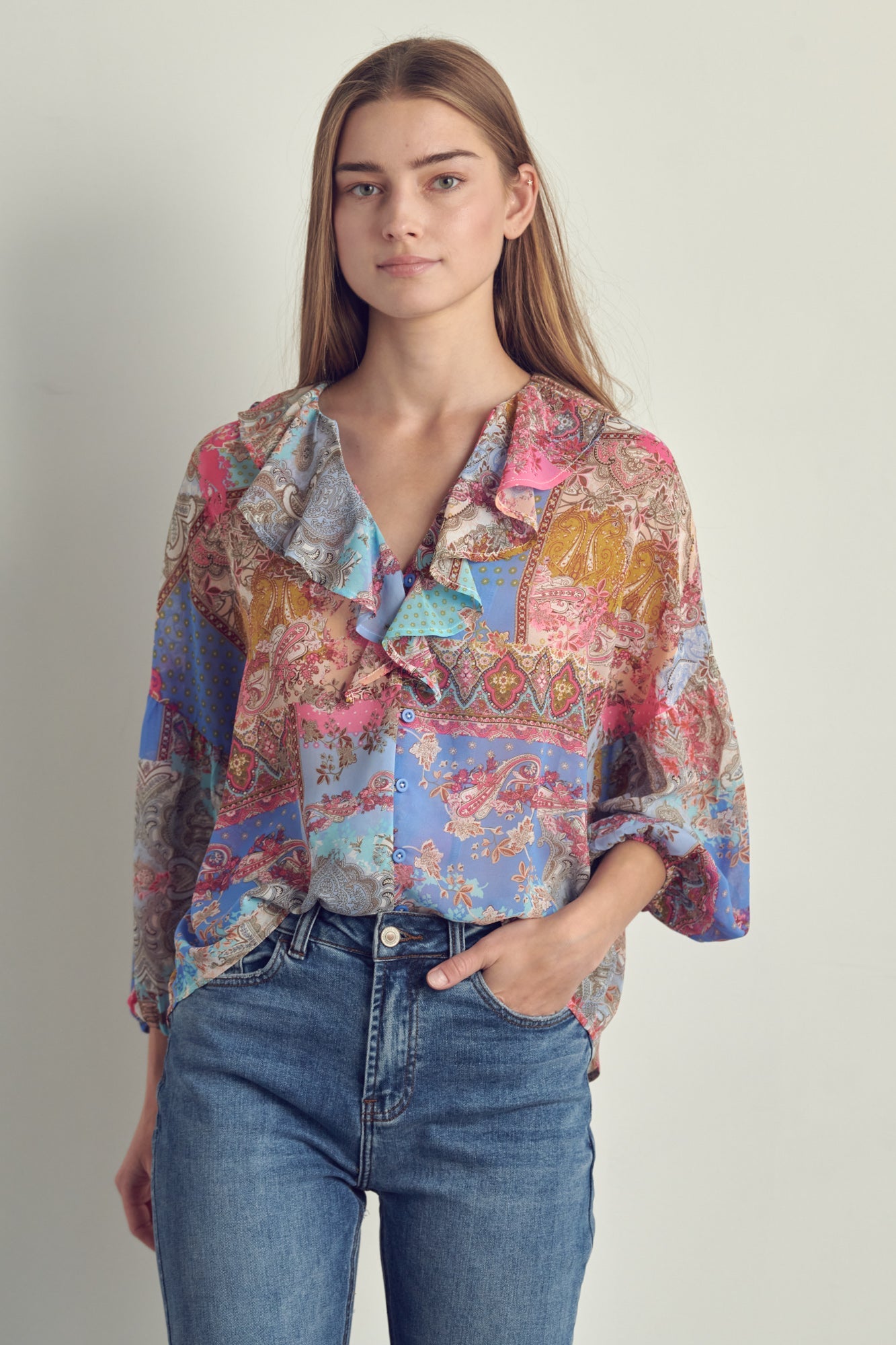 Ruffled V-Neck Patchwork Blouse | Apparel | Kitchen + Metal