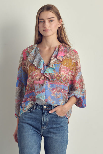Ruffled V-Neck Patchwork Blouse | Apparel | Kitchen + Metal