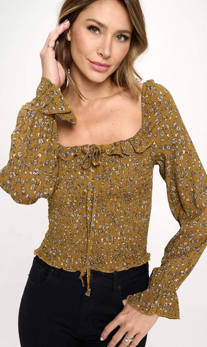 Smocked Floral Long Sleeve Top with Ruffle Neckline | Apparel | Kitchen + Metal
