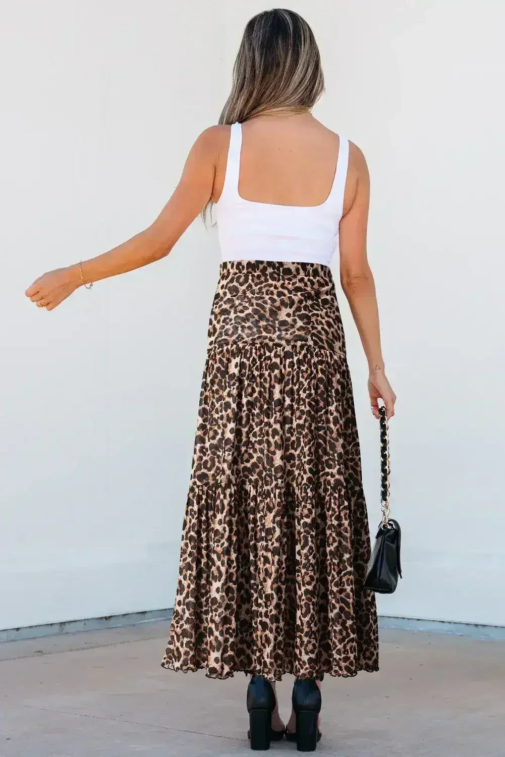 Brown Leopard Floral Reversible Ruffle Hem Maxi Skirt