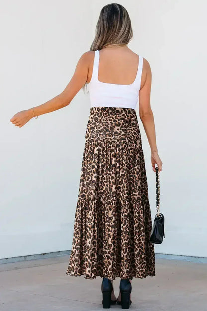 Brown Leopard Floral Reversible Ruffle Hem Maxi Skirt