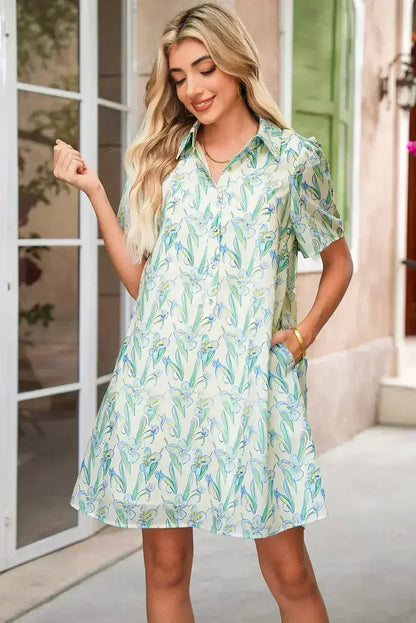 Green Floral Half Button Short Sleeve Mini Dress
